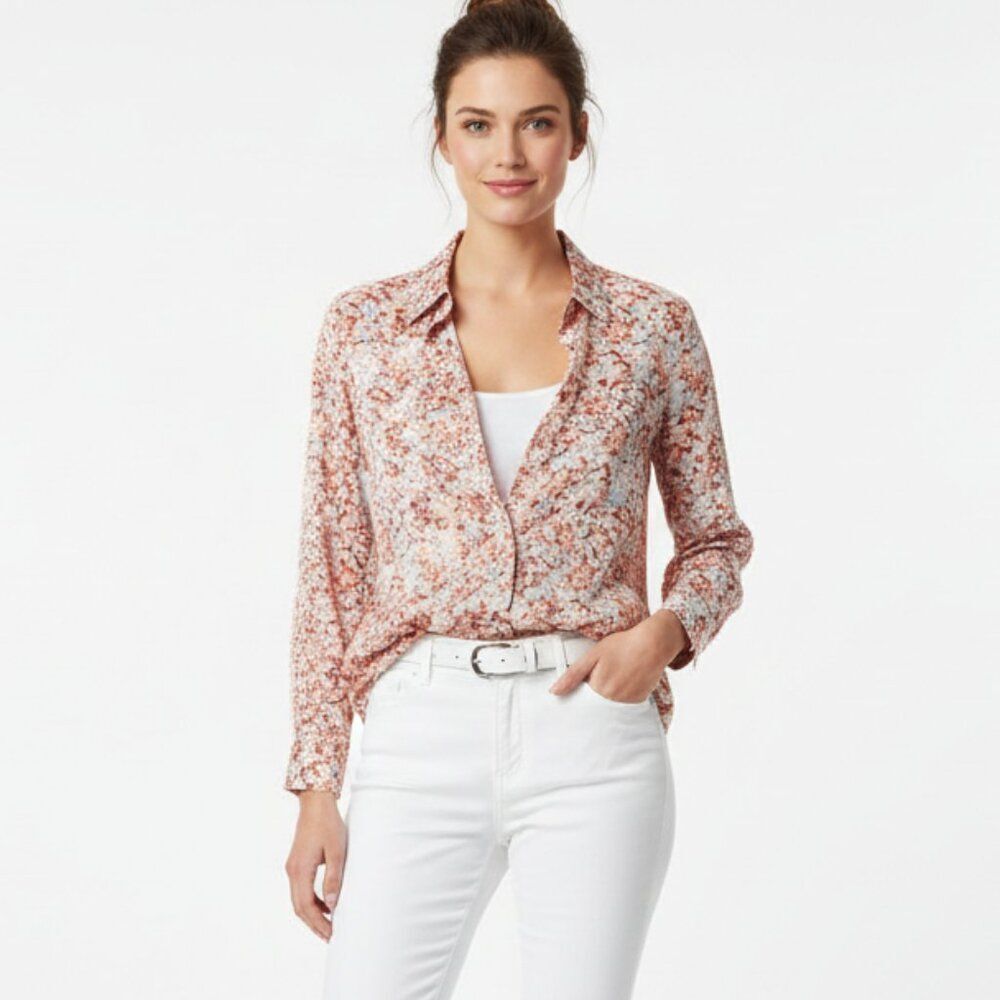 Ralph Lauren Ivory Floral Print Long Sleeve Button Up Blouse Top XL